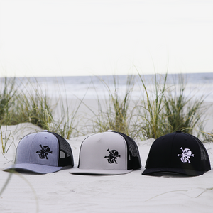 Embroidered Skull 6 Panel Trucker Black - Flats Pirate Fishing Apparel