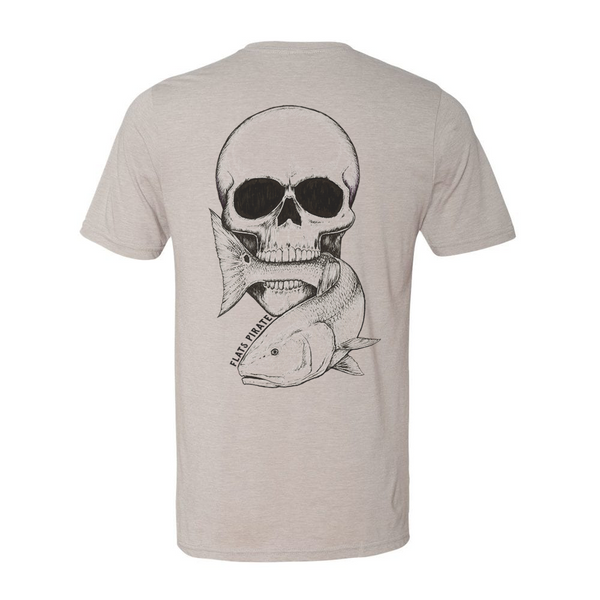 Vintage Skull & Redfish T-Shirt, Silver - Flats Pirate Fishing Apparel